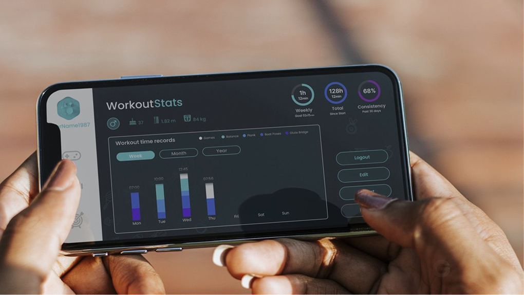 Workout stats dashboard on a phone showing weekly and total progress