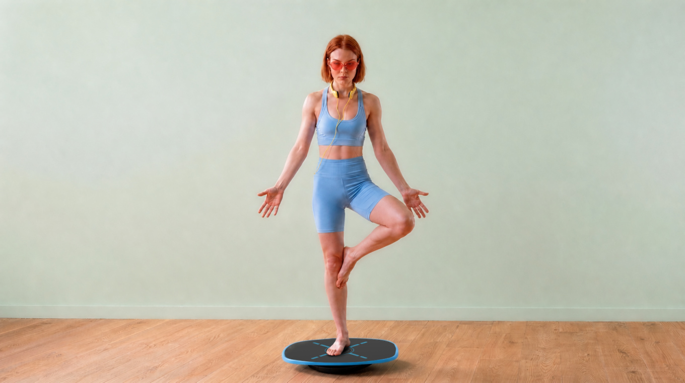 Woman balancing on one leg on the GoBalance board, wrist and ankle weights on