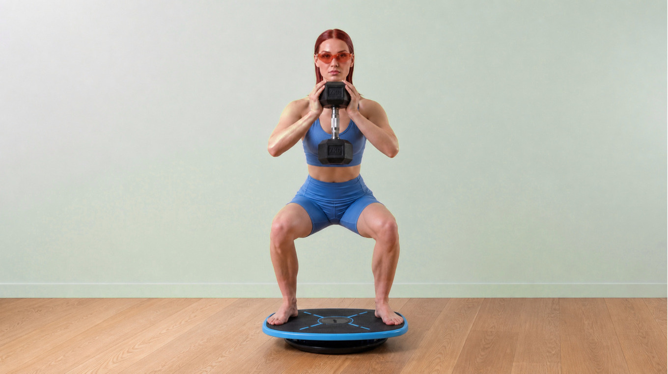 Woman holding a weighted squat on the GoBalance board