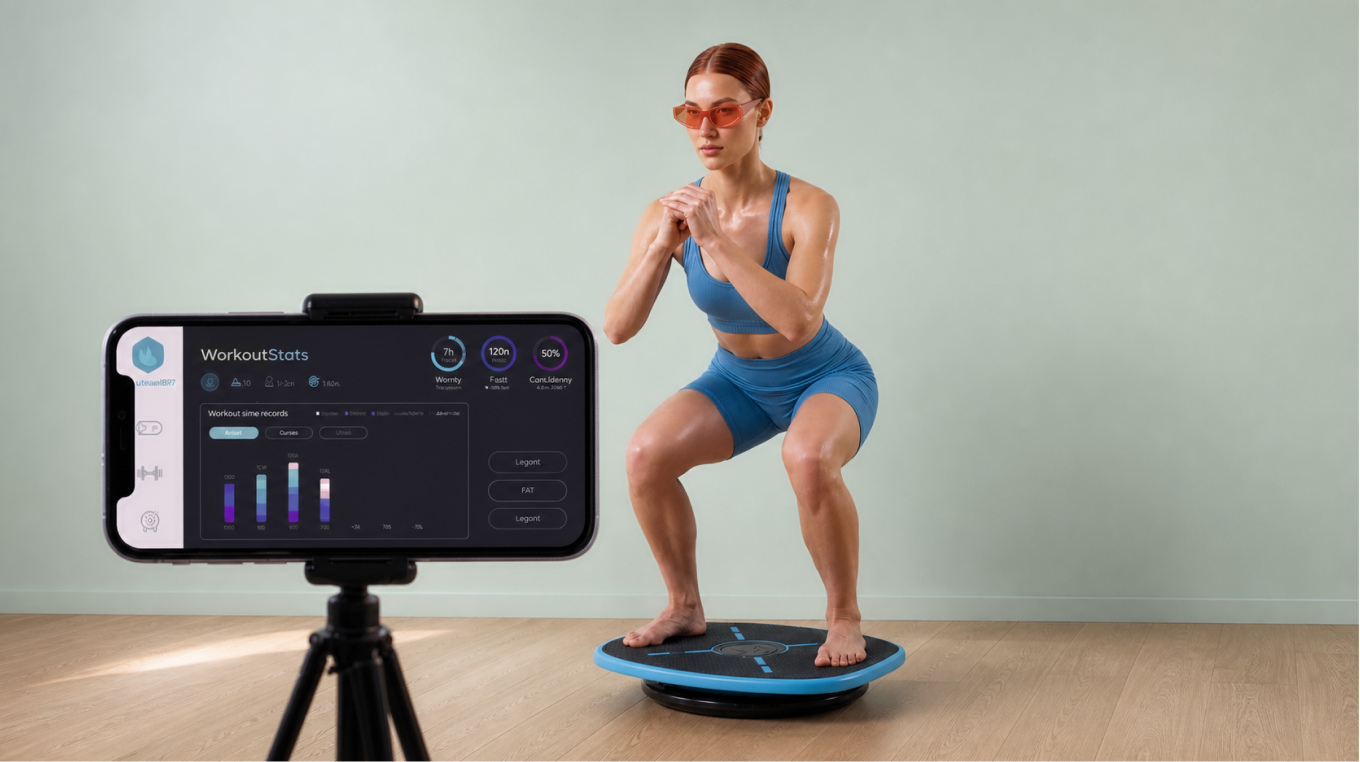 Woman balancing on the GoBalance board beside a phone showing her workout stats dashboard